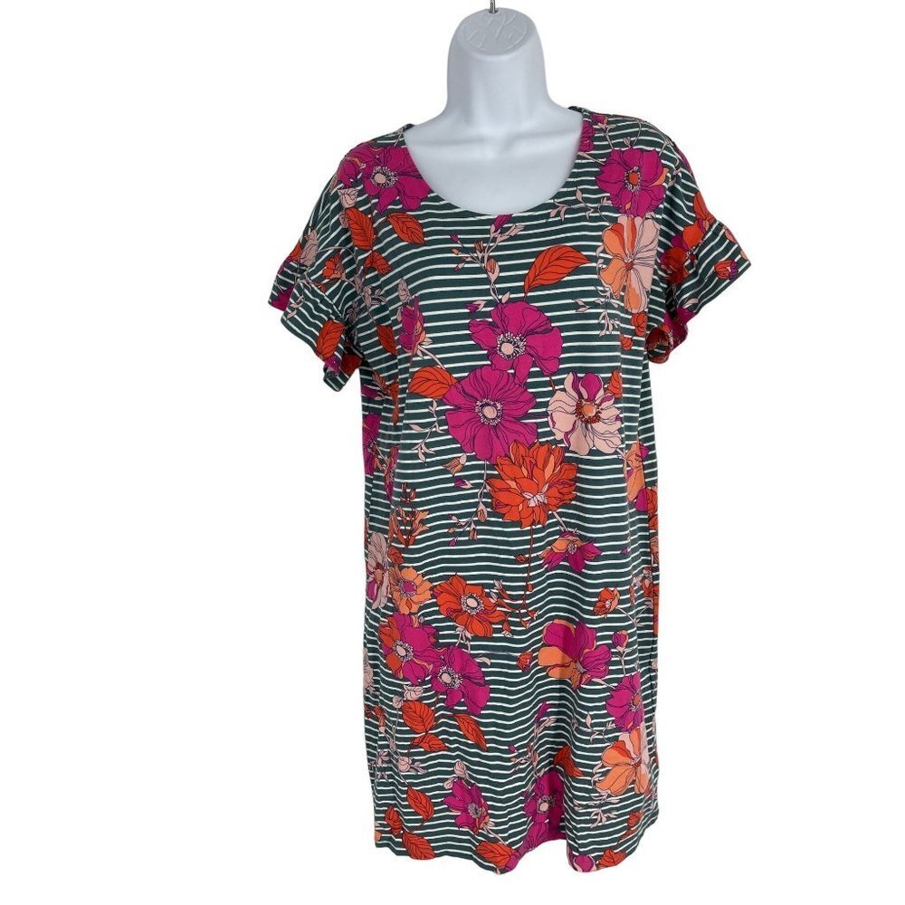 Lands End Short Flutter Sleeve Scoop Neck Floral Striped T-Shirt Dress Size Smal